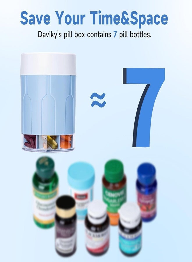 Daviky Pill Bottle Organizer, Supplement Organizer with 7 Large Compartments, Travel Pill Dispenser Round Pill Box with Two Lids（Blue） - Image 2